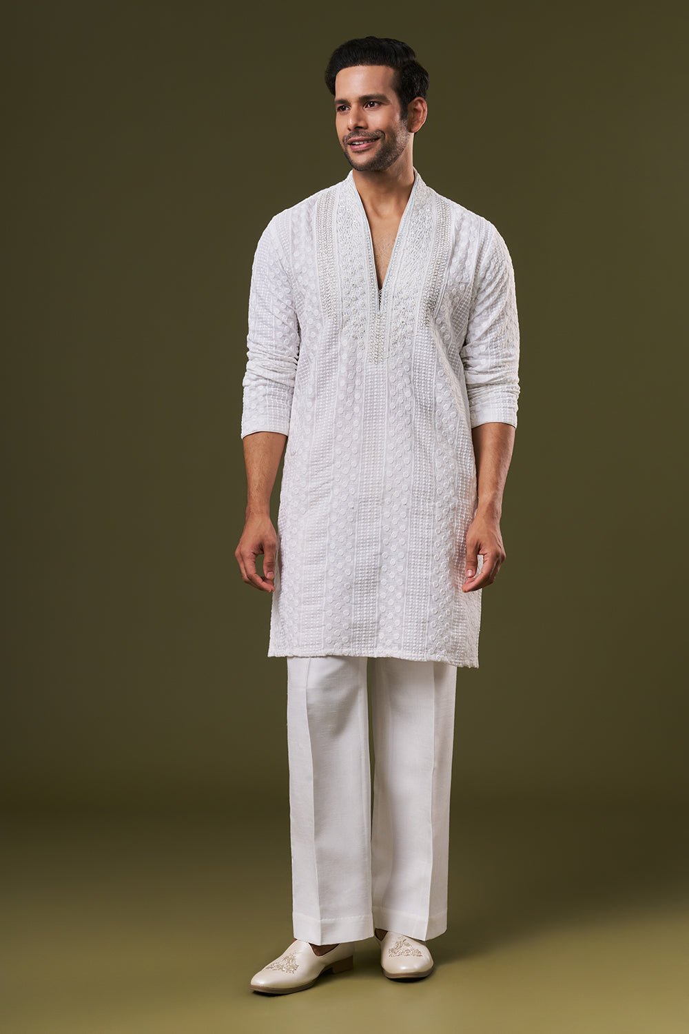 White Cotton Mens Kurta Set with Dori Sequins and Zardosi Work