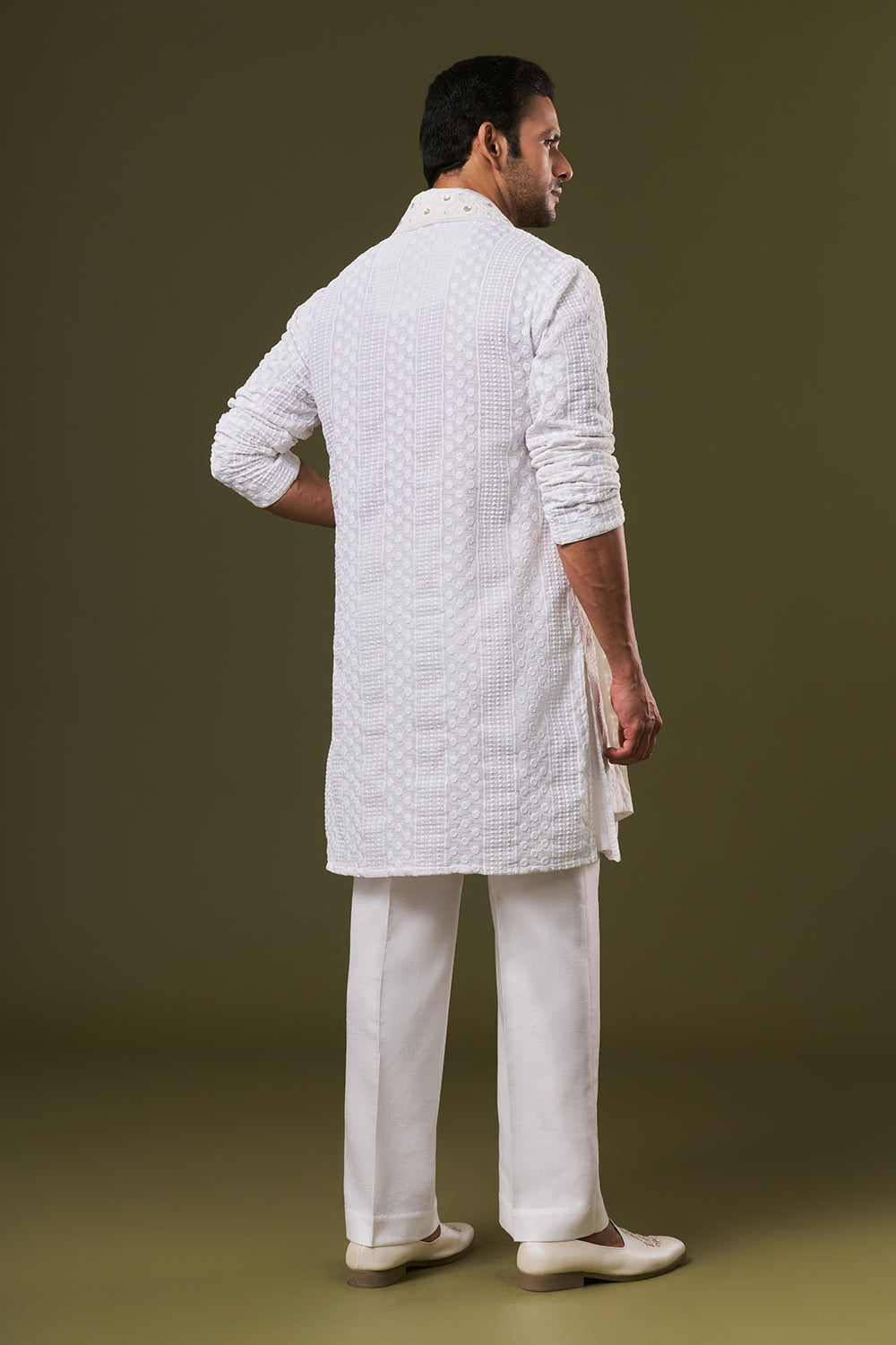 White Cotton Mens Kurta Set with Dori Sequins and Zardosi Work