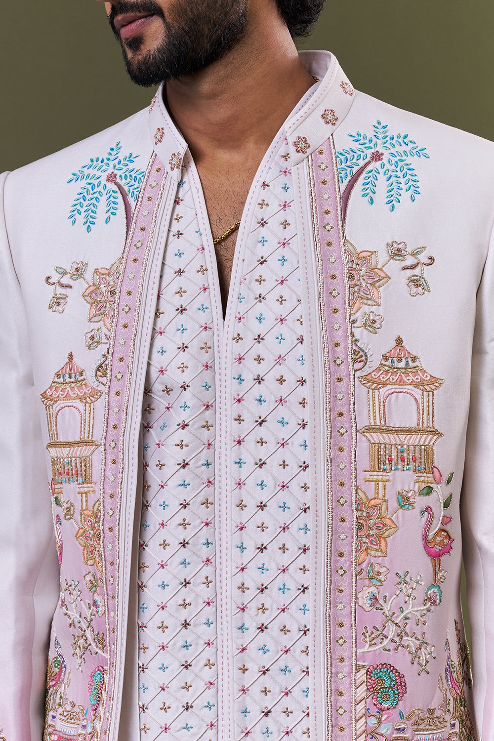 White Cotton Polyester Palace Motif Embellished Jacket Set