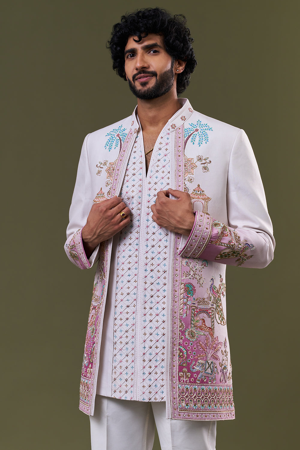 White Cotton Polyester Palace Motif Embellished Jacket Set
