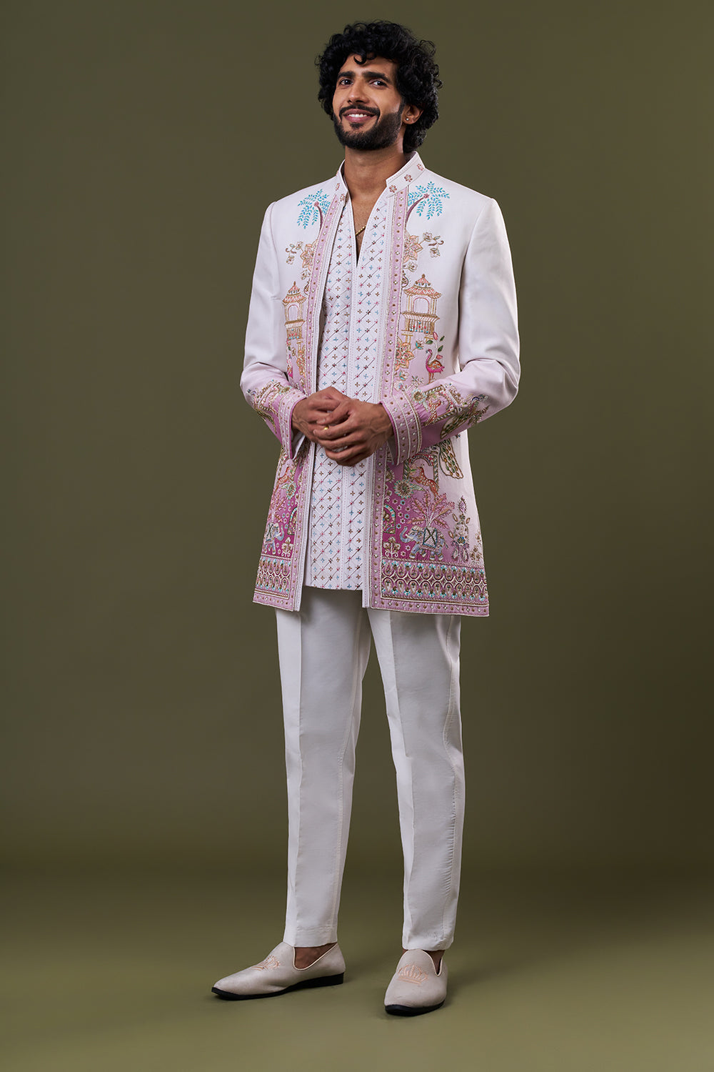 White Cotton Polyester Palace Motif Embellished Jacket Set