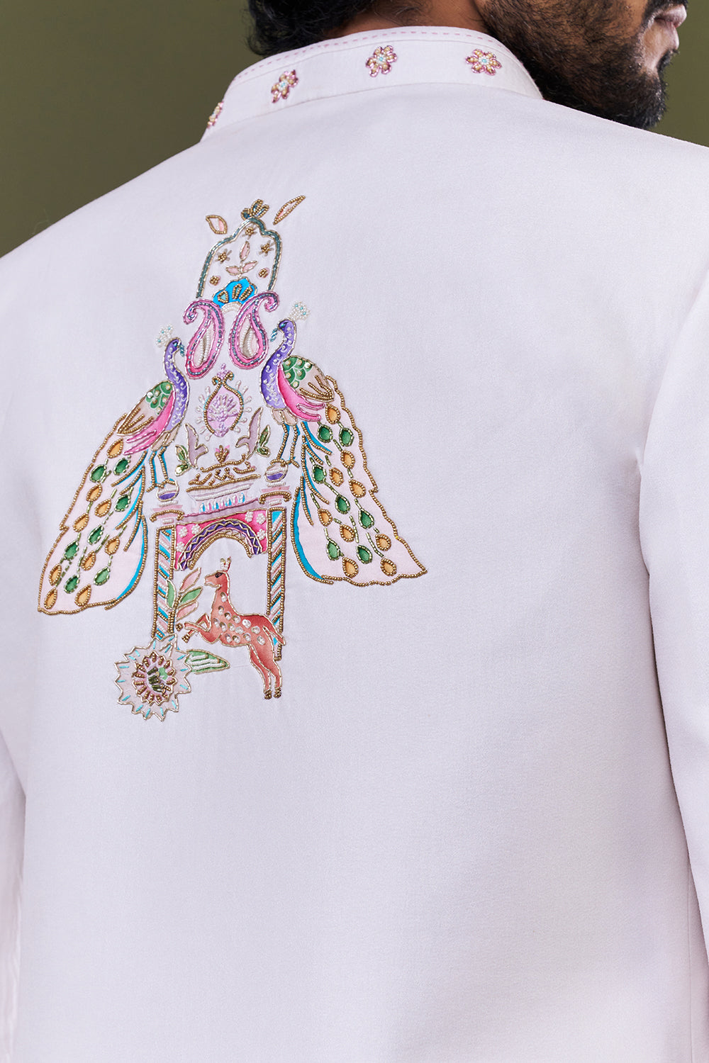 White Cotton Polyester Palace Motif Embellished Jacket Set