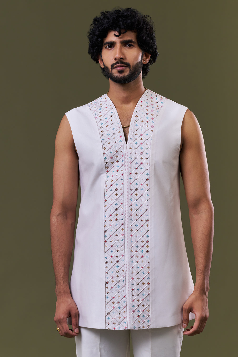 White Cotton Polyester Palace Motif Embellished Jacket Set