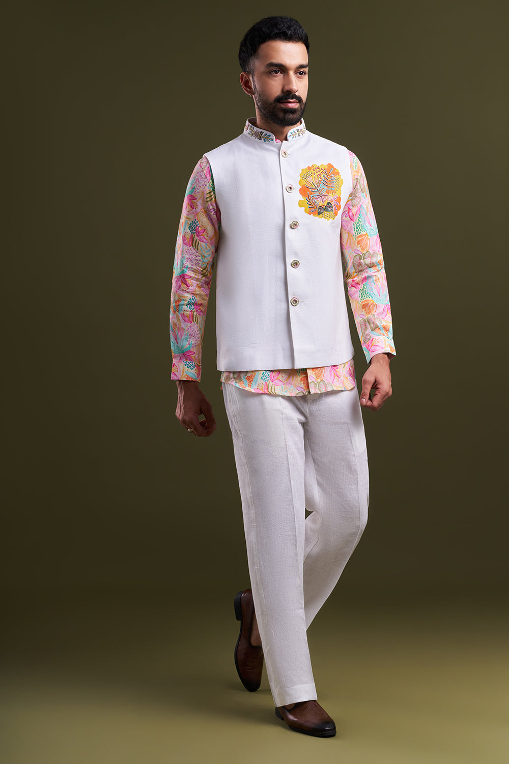 White Cotton Printed Men’s Kurta with Embellished Jacket