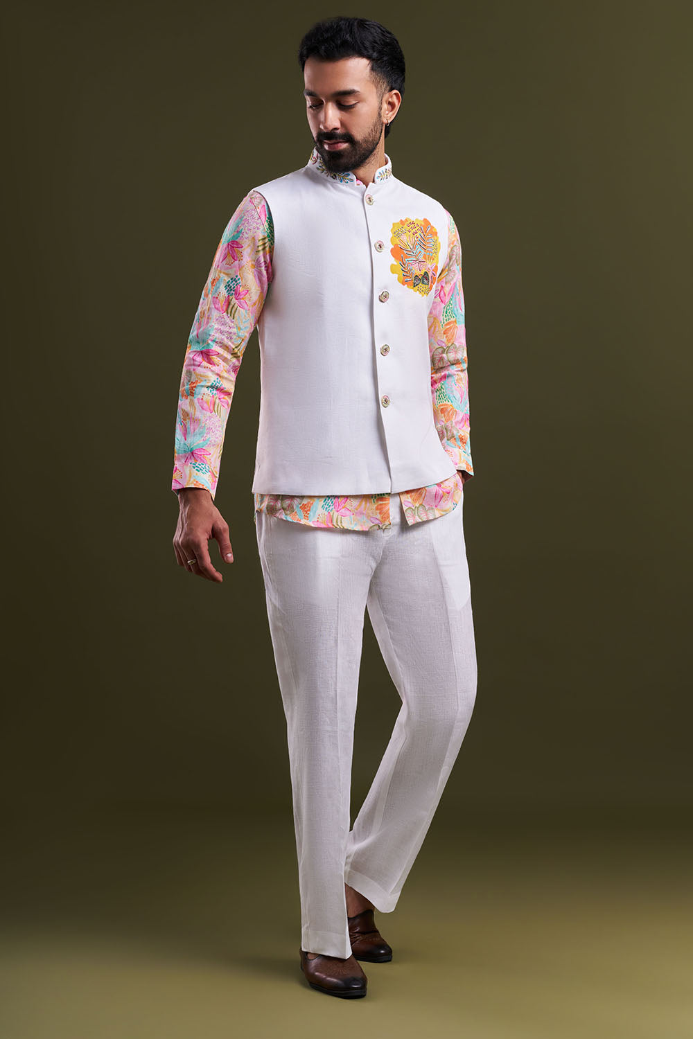 White Cotton Printed Men’s Kurta with Embellished Jacket