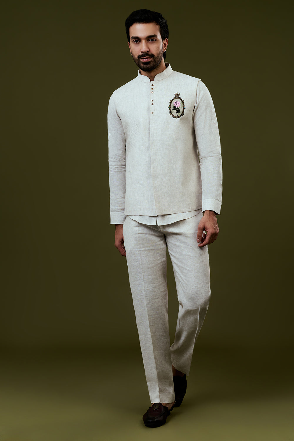 White Embroidered Bundi Set with Embroidered Pink Rose Motif and Trousers