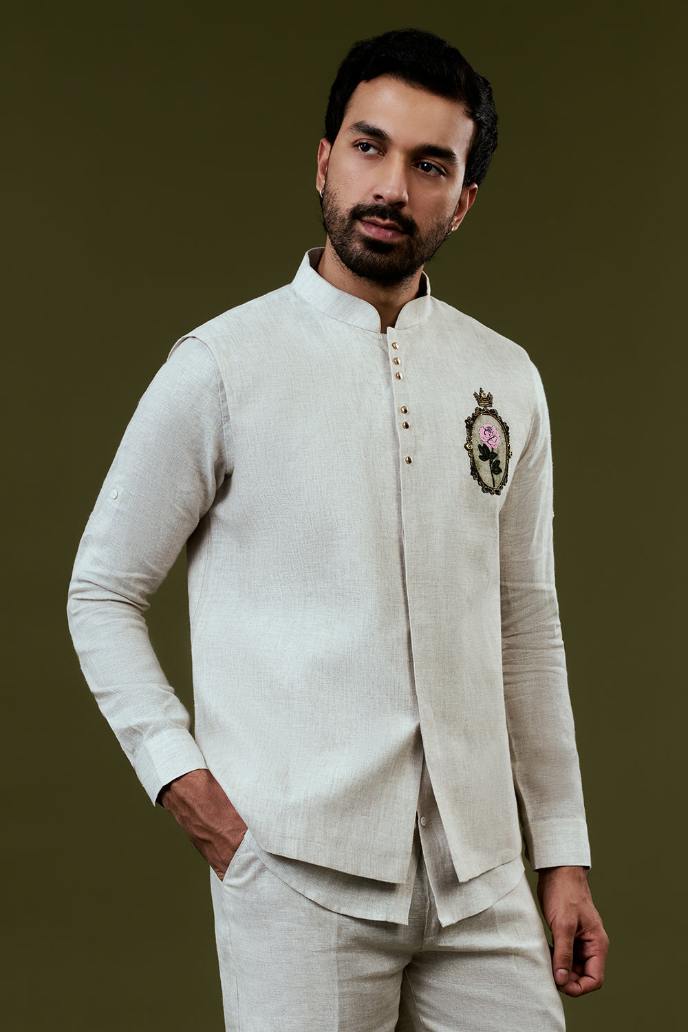 White Embroidered Bundi Set with Embroidered Pink Rose Motif and Trousers