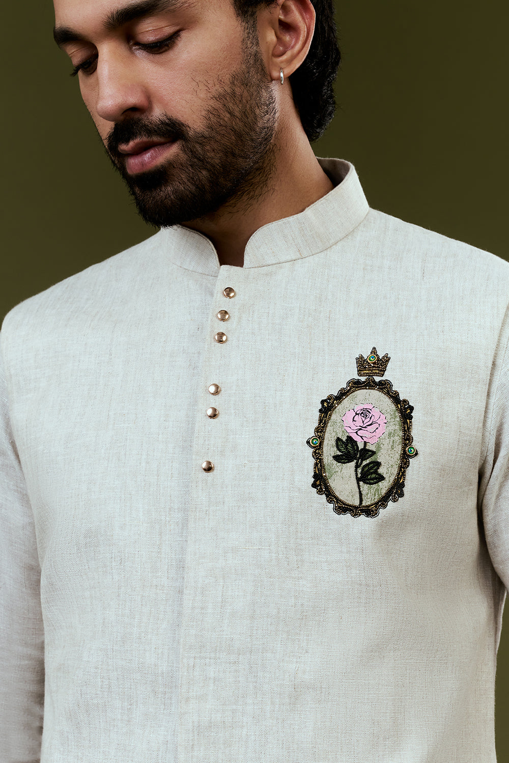 White Embroidered Bundi Set with Embroidered Pink Rose Motif and Trousers