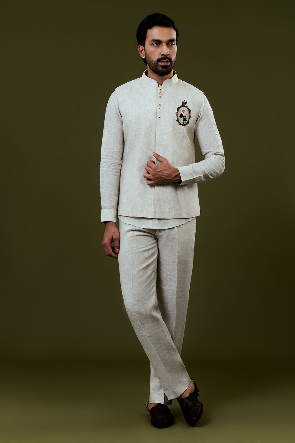 White Embroidered Bundi Set with Embroidered Pink Rose Motif and Trousers