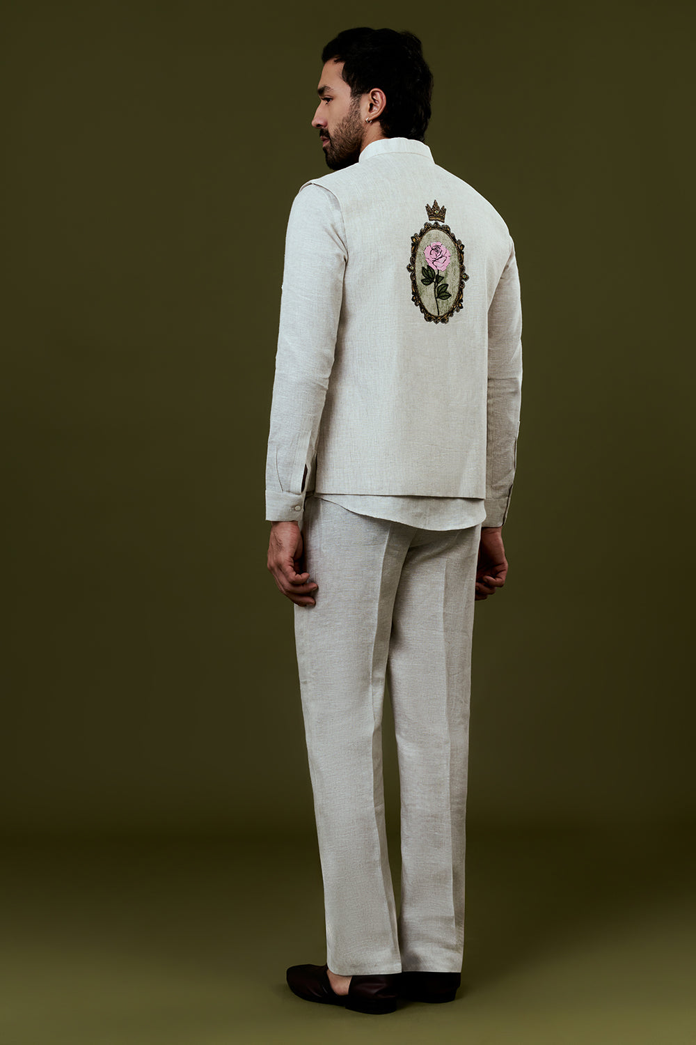 White Embroidered Bundi Set with Embroidered Pink Rose Motif and Trousers