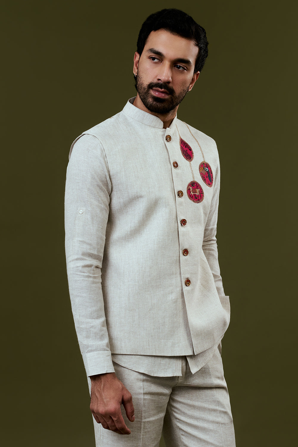White Embroidered Bundi Set with Traditional Embroidery and Trousers