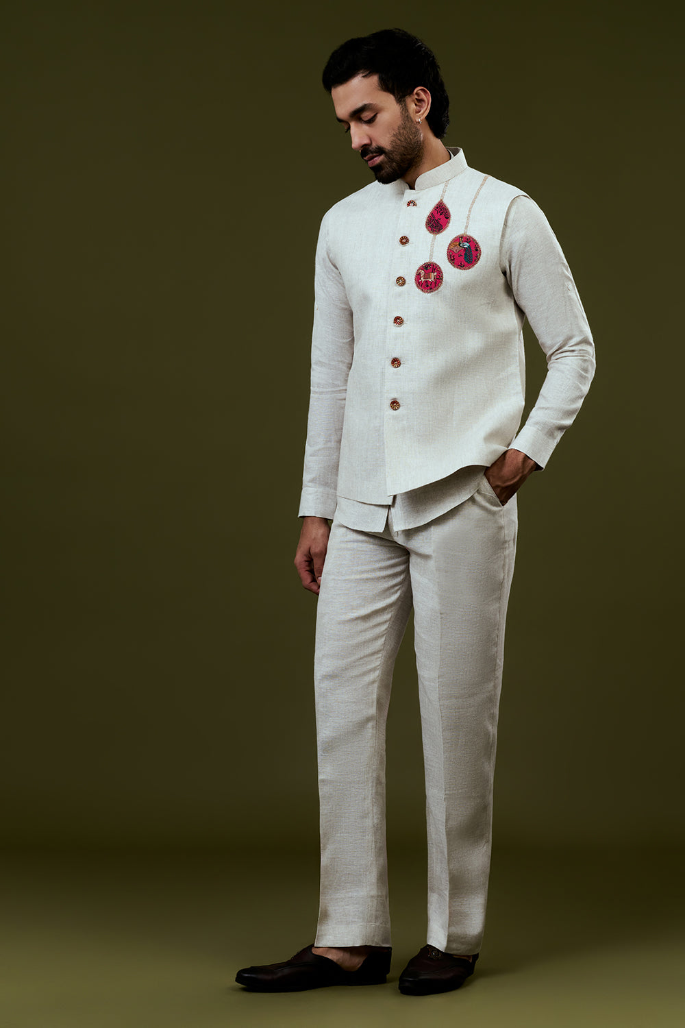 White Embroidered Bundi Set with Traditional Embroidery and Trousers