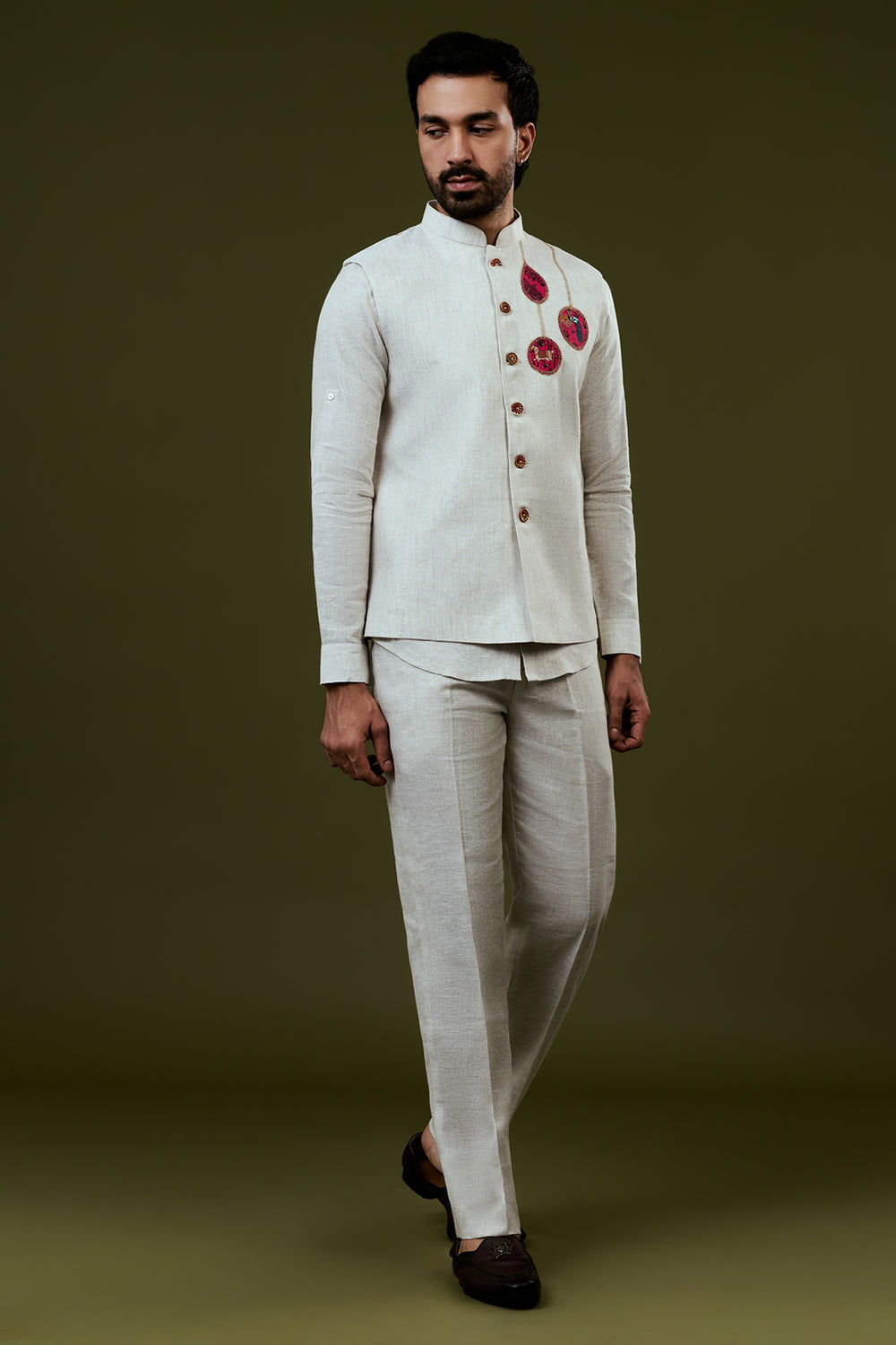 White Embroidered Bundi Set with Traditional Embroidery and Trousers