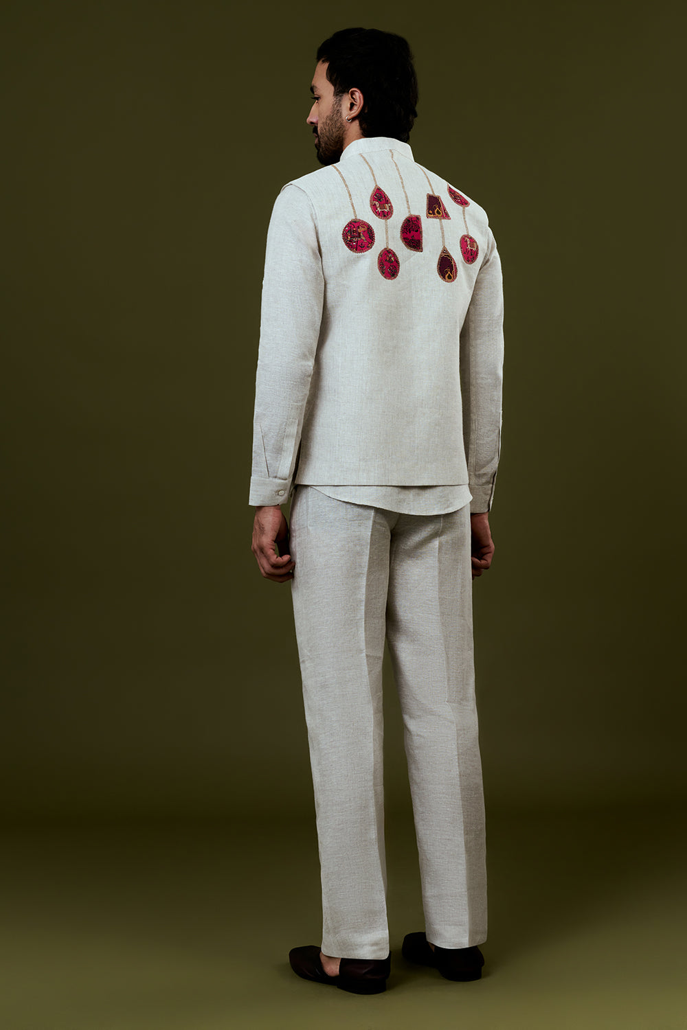 White Embroidered Bundi Set with Traditional Embroidery and Trousers