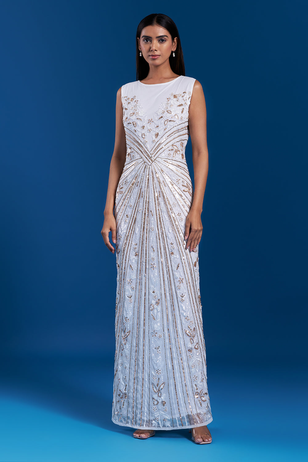 White Evening Gown with Sequin Work