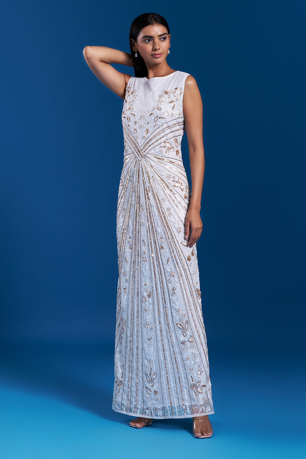 White Evening Gown with Sequin Work