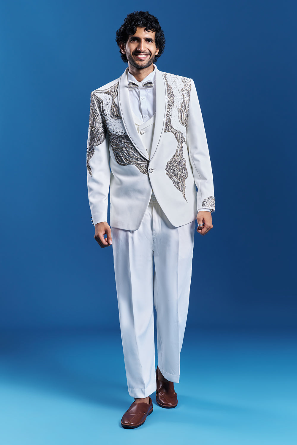 White Japanese Armani Embroidered Tuxedo Set