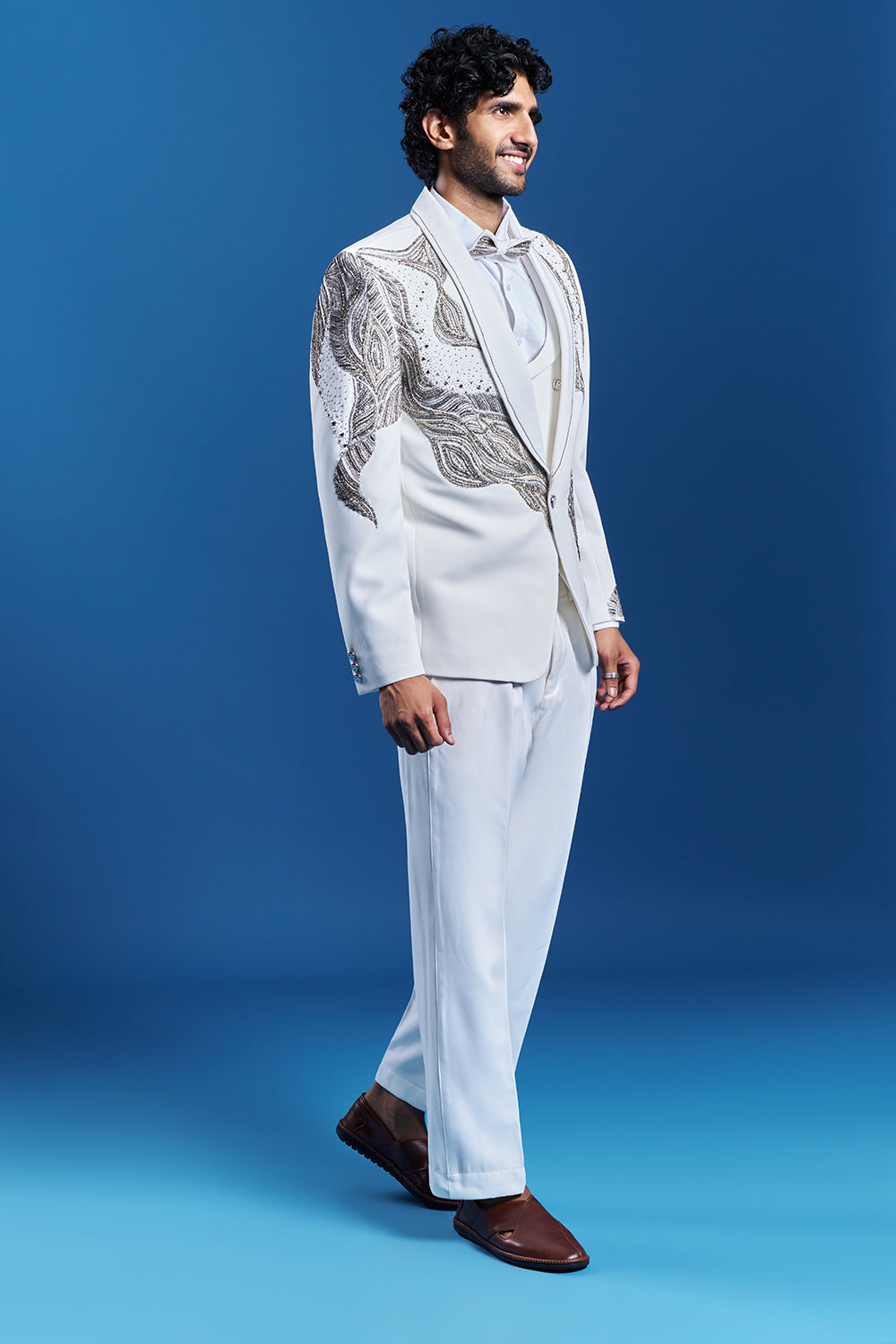 White Japanese Armani Embroidered Tuxedo Set