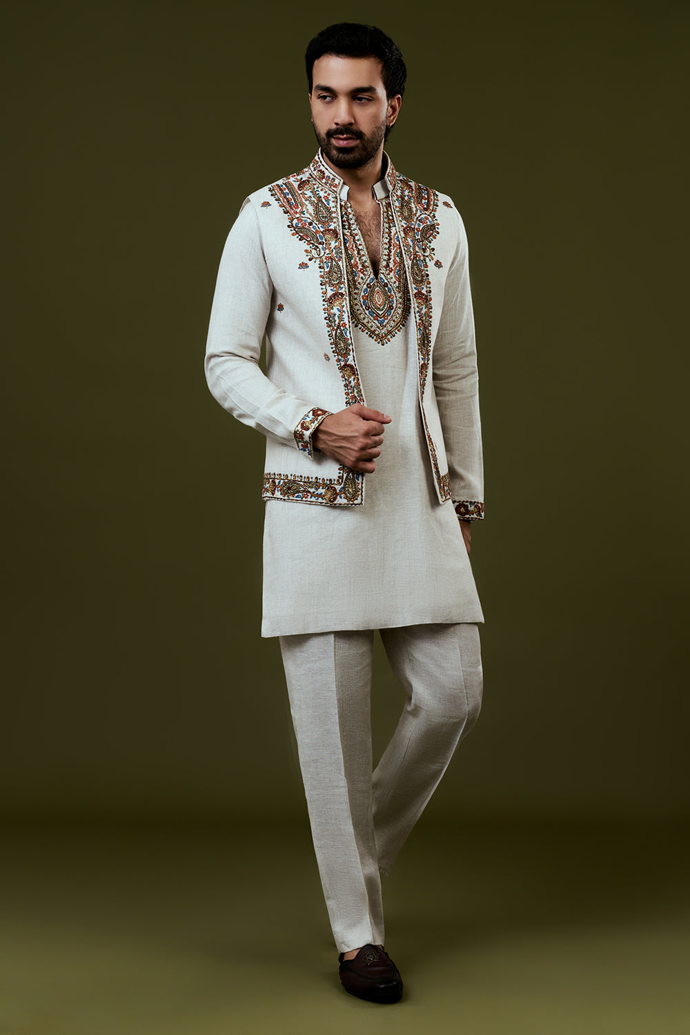 White Kurta Jacket Set with Colourful Threadwork