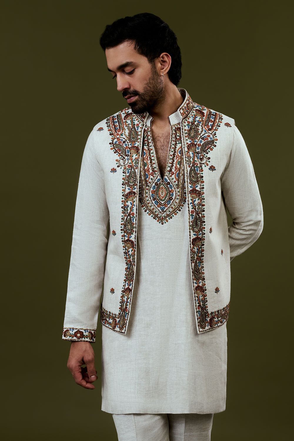 White Kurta Jacket Set with Colourful Threadwork
