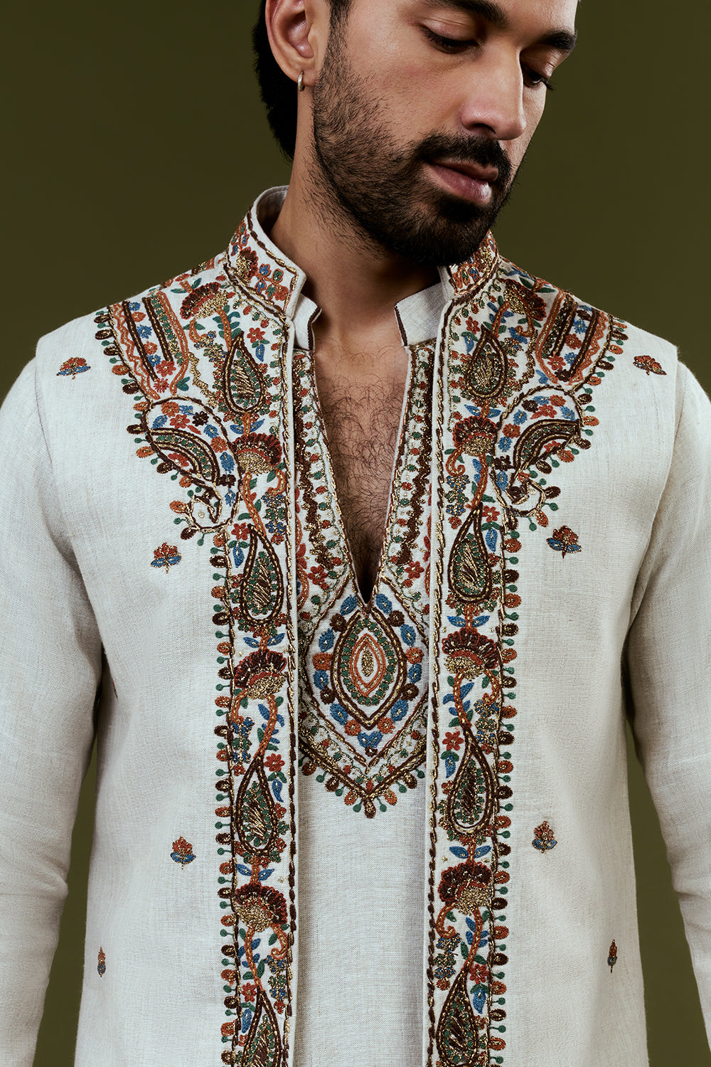 White Kurta Jacket Set with Colourful Threadwork
