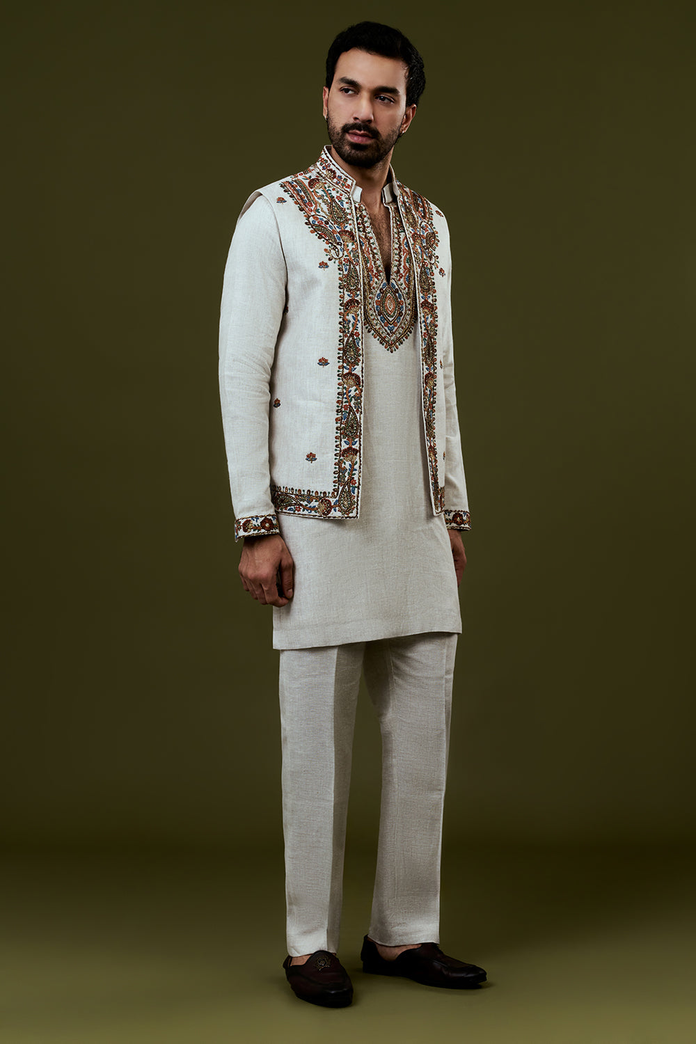 White Kurta Jacket Set with Colourful Threadwork