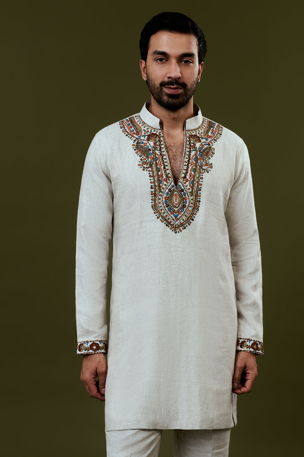 White Kurta Jacket Set with Colourful Threadwork