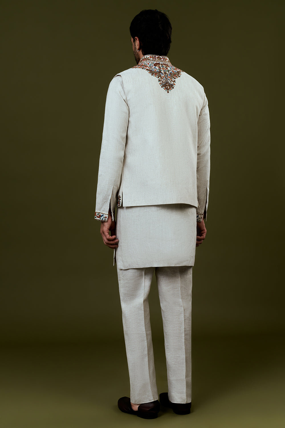 White Kurta Jacket Set with Colourful Threadwork