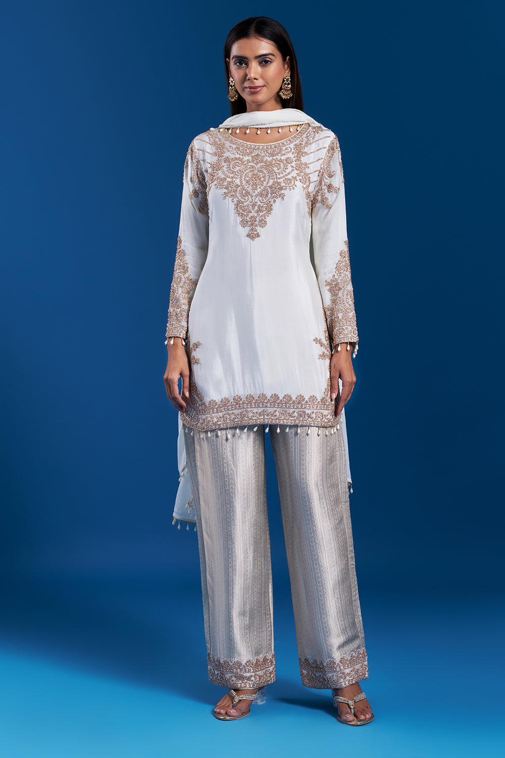 White Kurta Palazzo Set with Cutdana Work