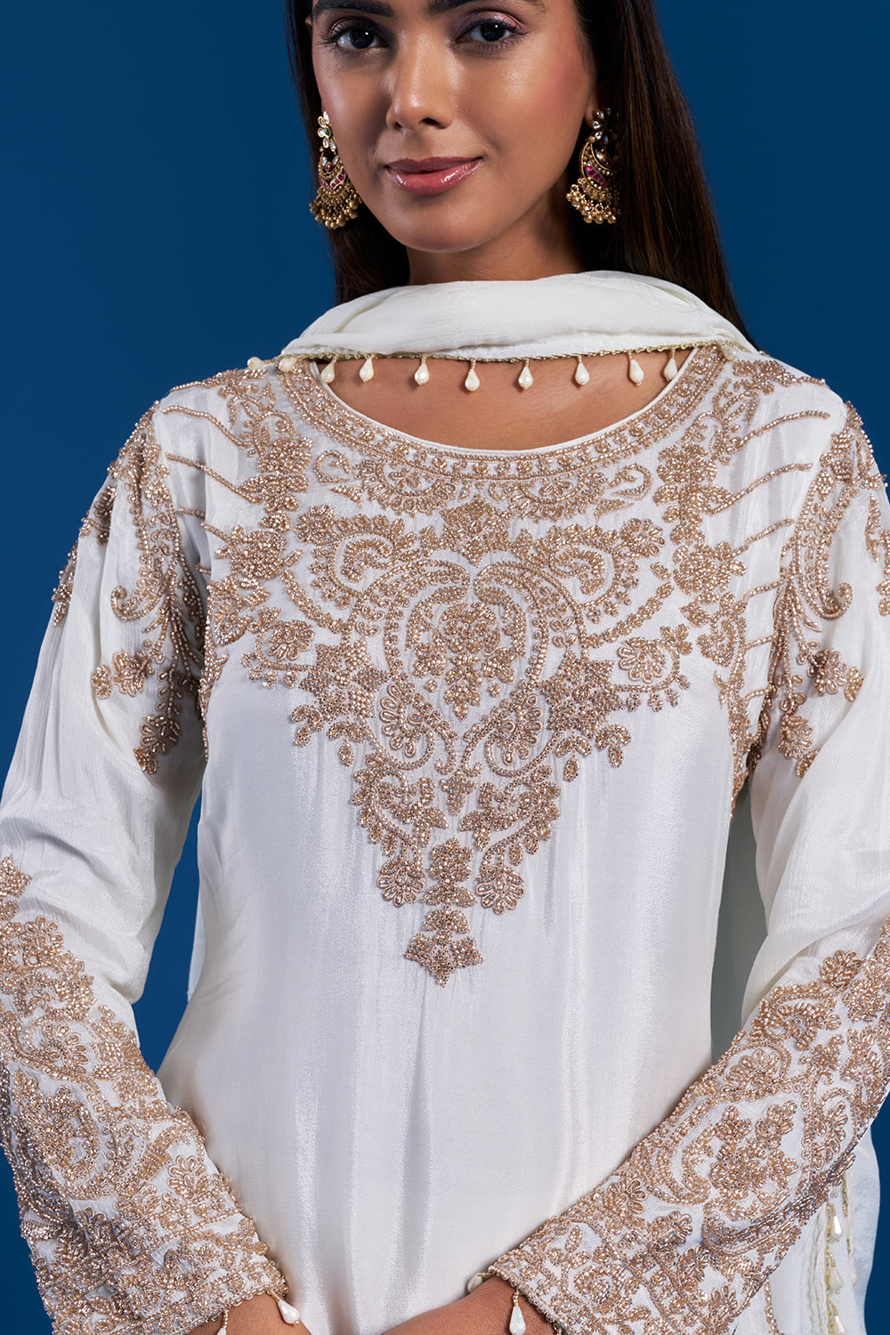 White Kurta Palazzo Set with Cutdana Work