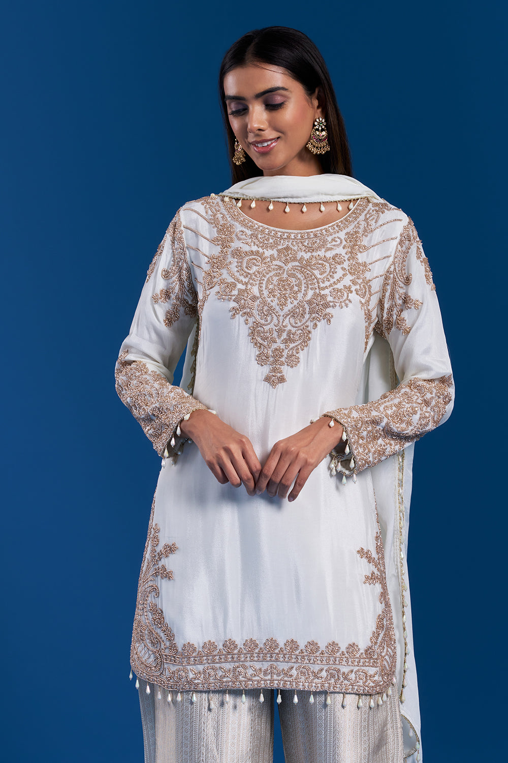 White Kurta Palazzo Set with Cutdana Work
