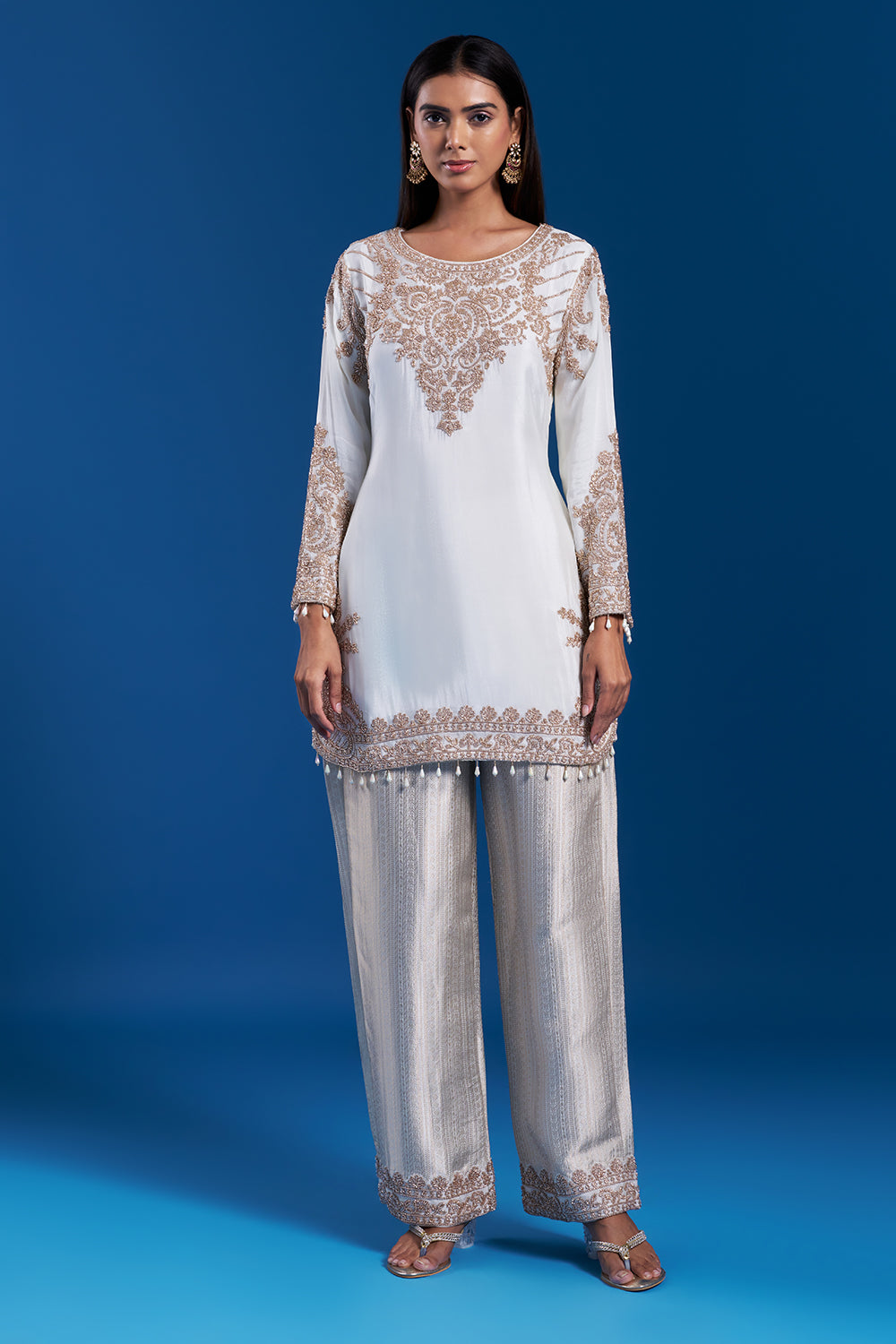 White Kurta Palazzo Set with Cutdana Work