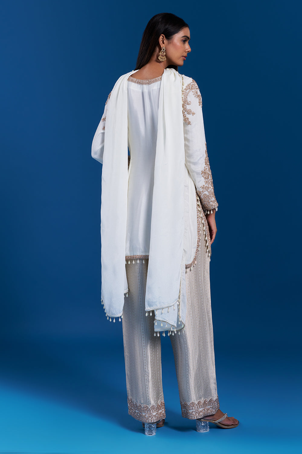 White Kurta Palazzo Set with Cutdana Work