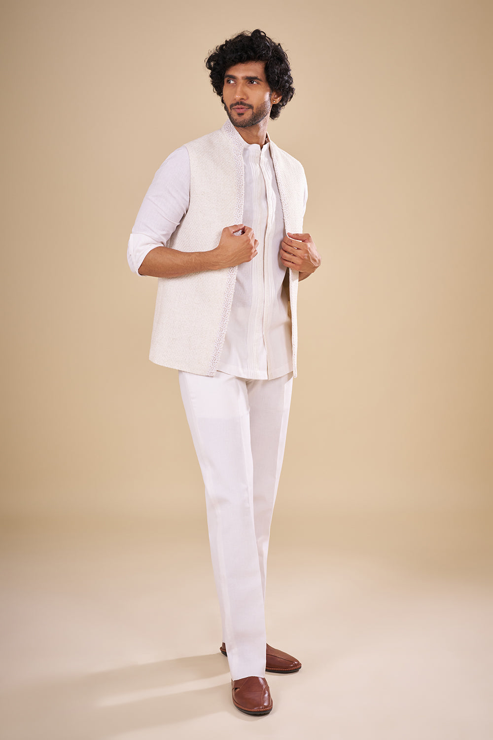 White Linen Embroidered Kurta Set