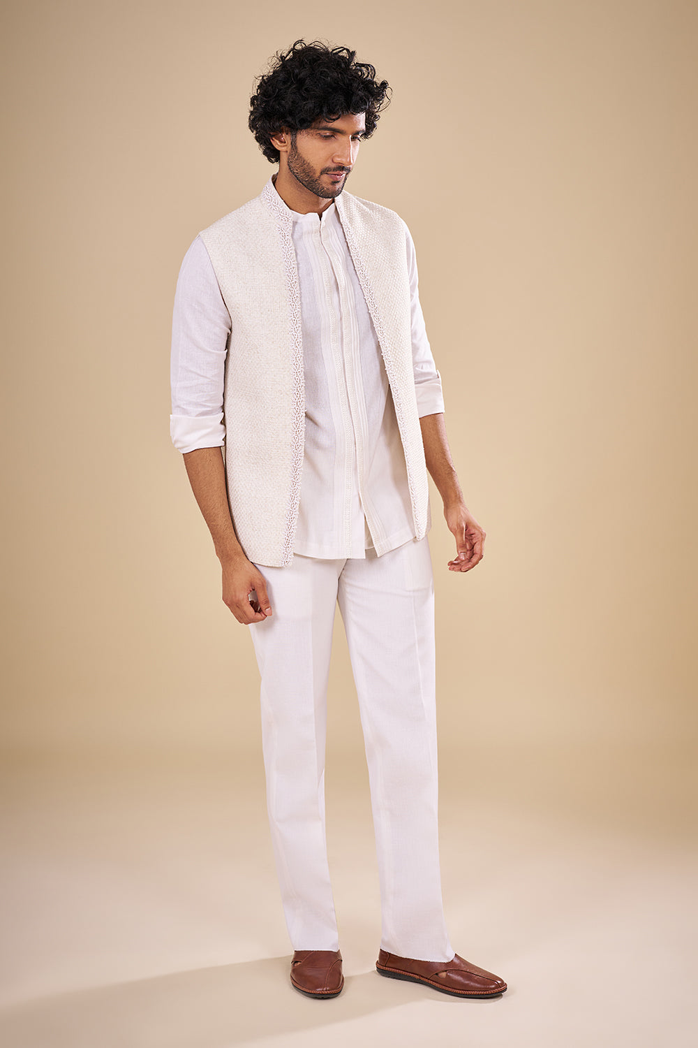 White Linen Embroidered Kurta Set