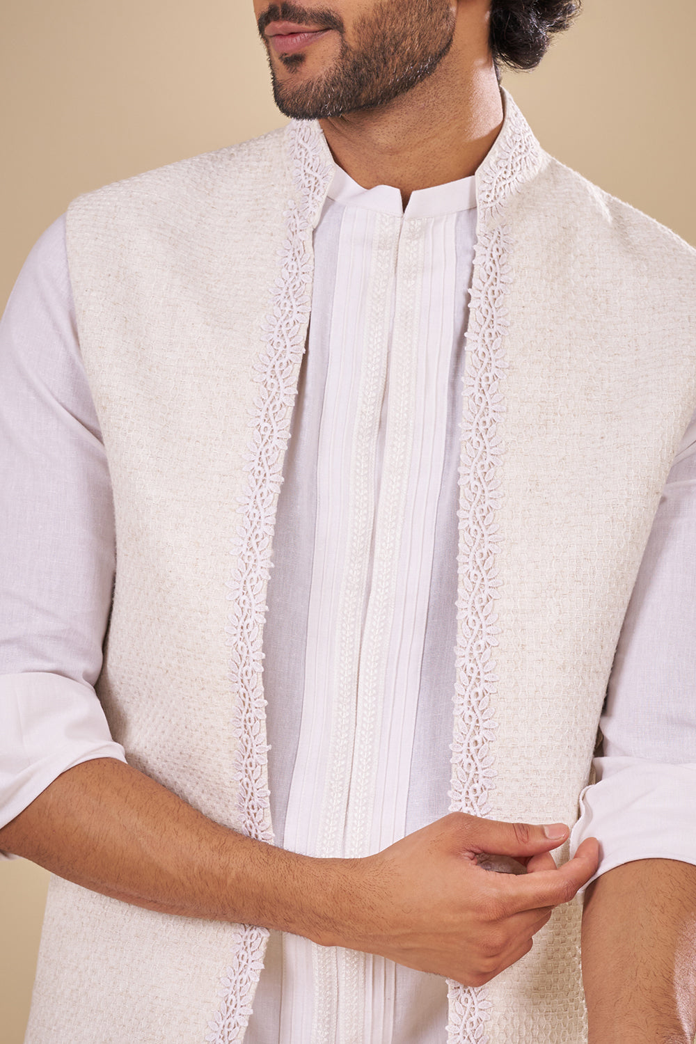 White Linen Embroidered Kurta Set