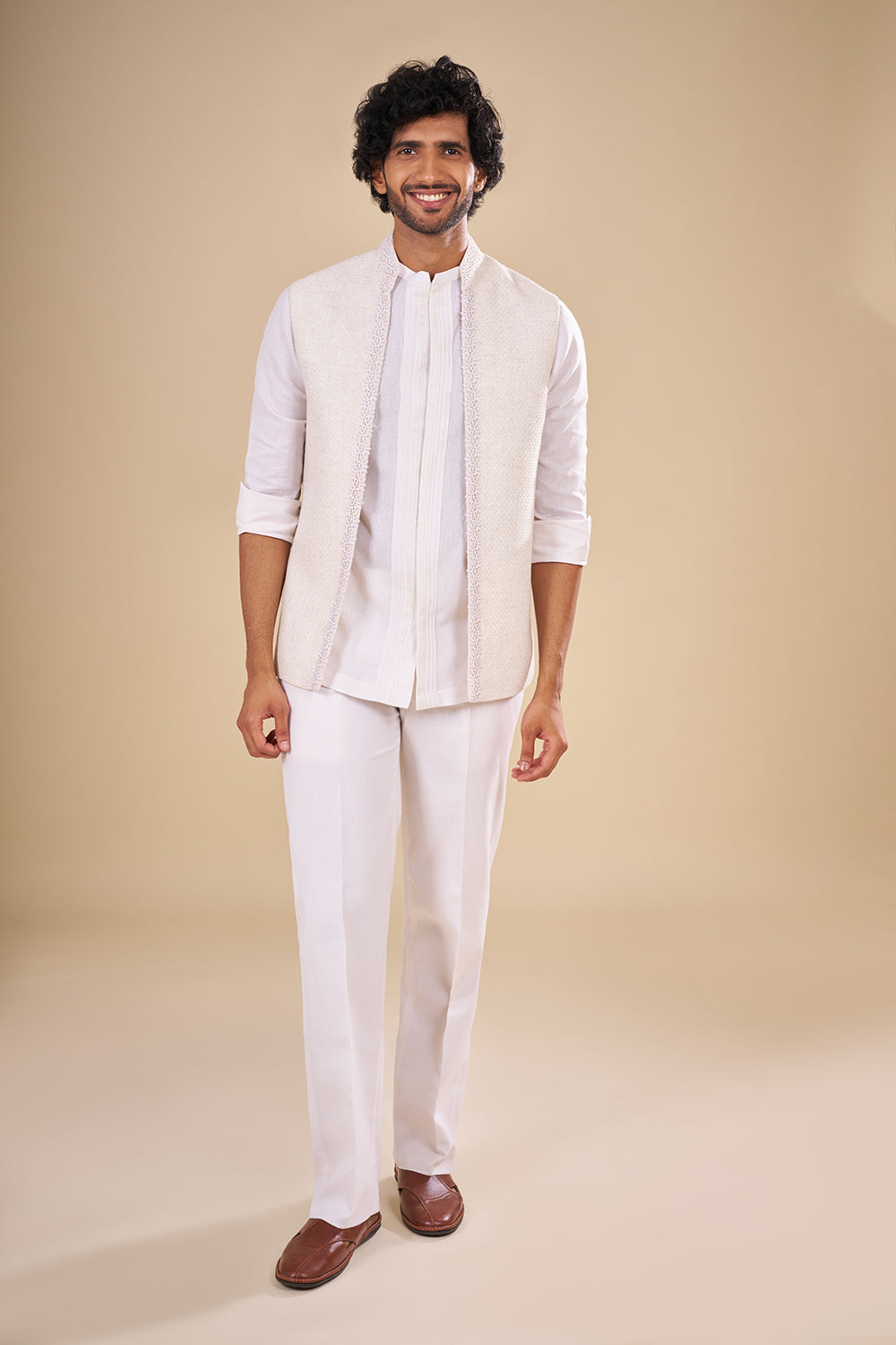 White Linen Embroidered Kurta Set