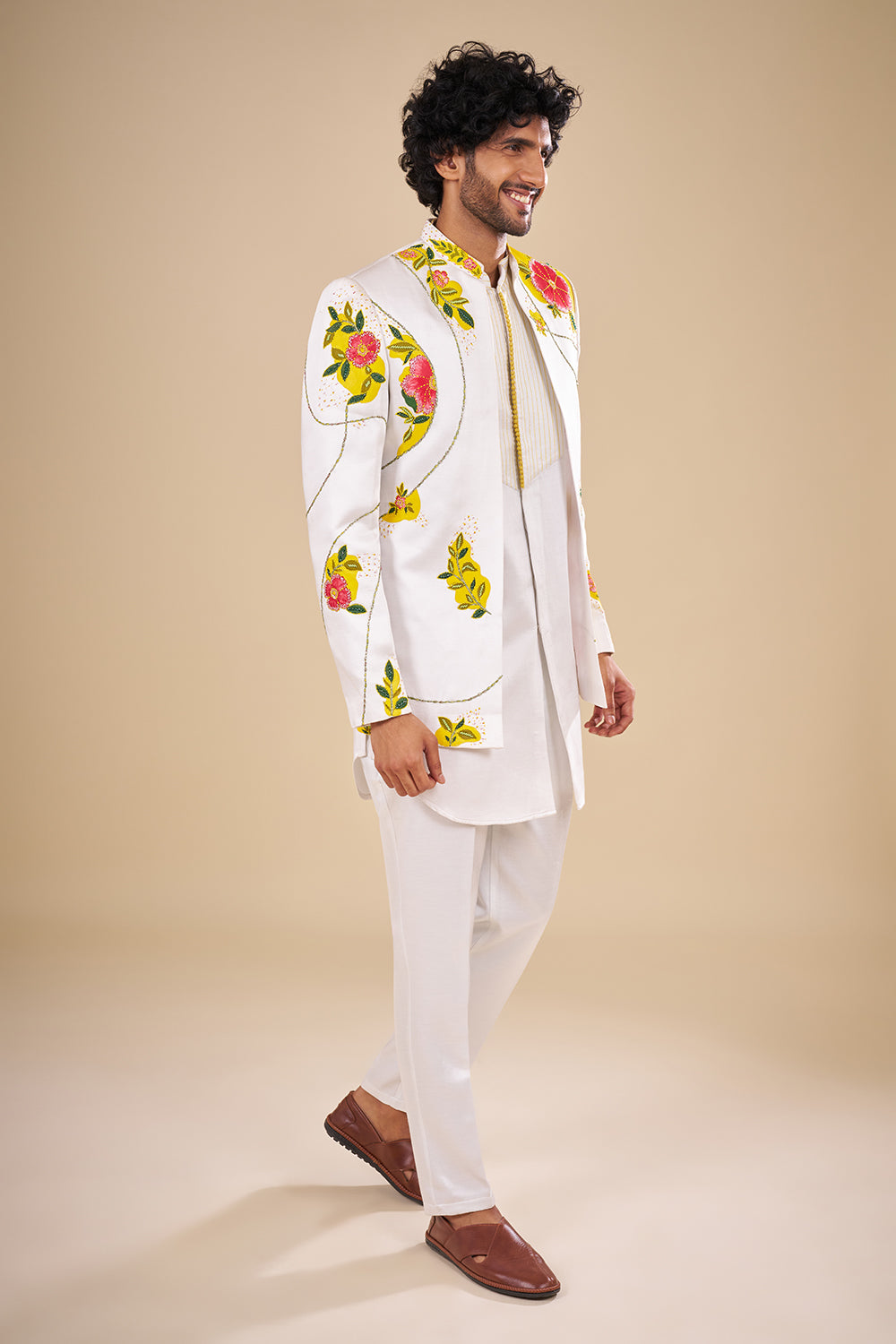 White Linen Kurta Set with Floral Print