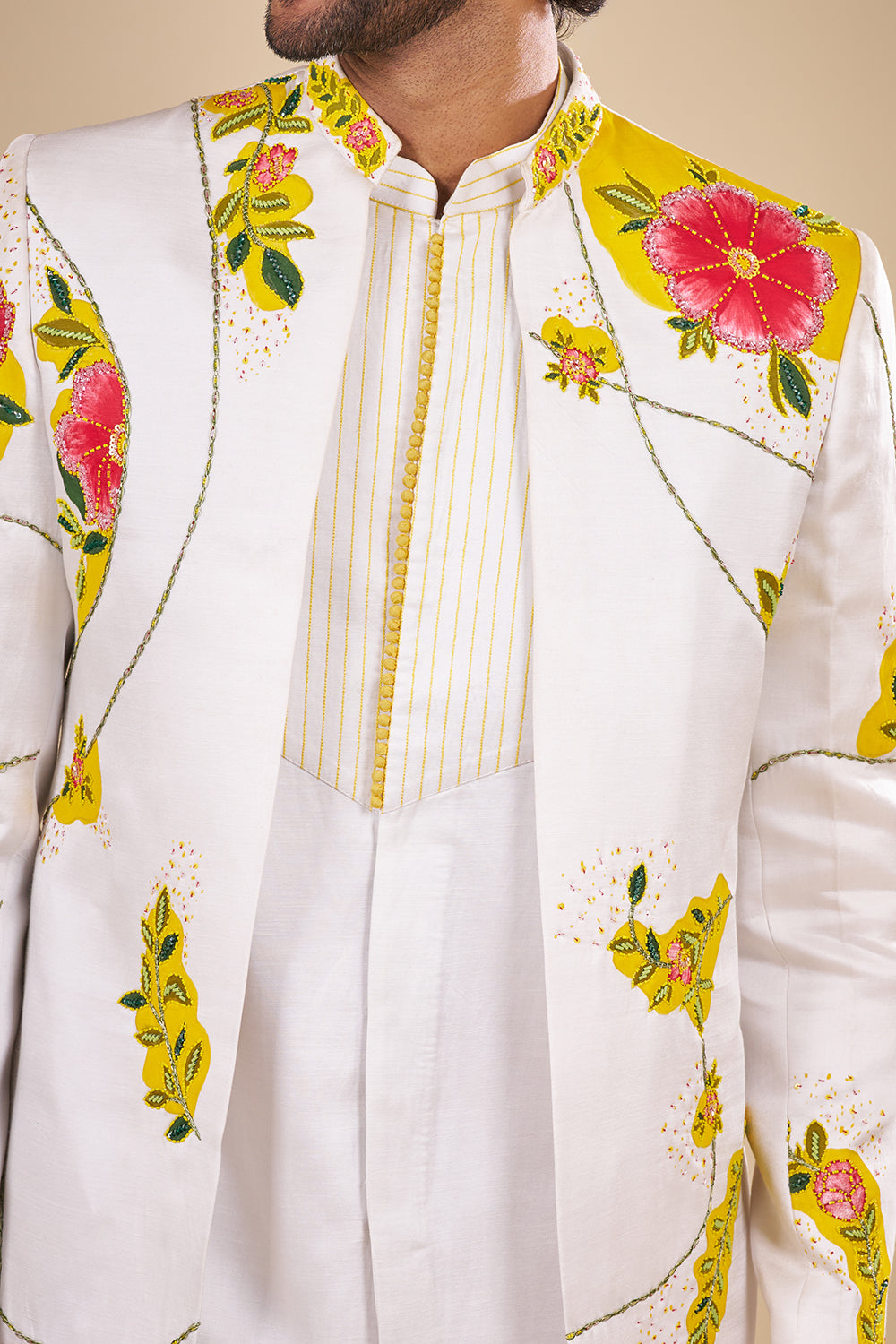 White Linen Kurta Set with Floral Print