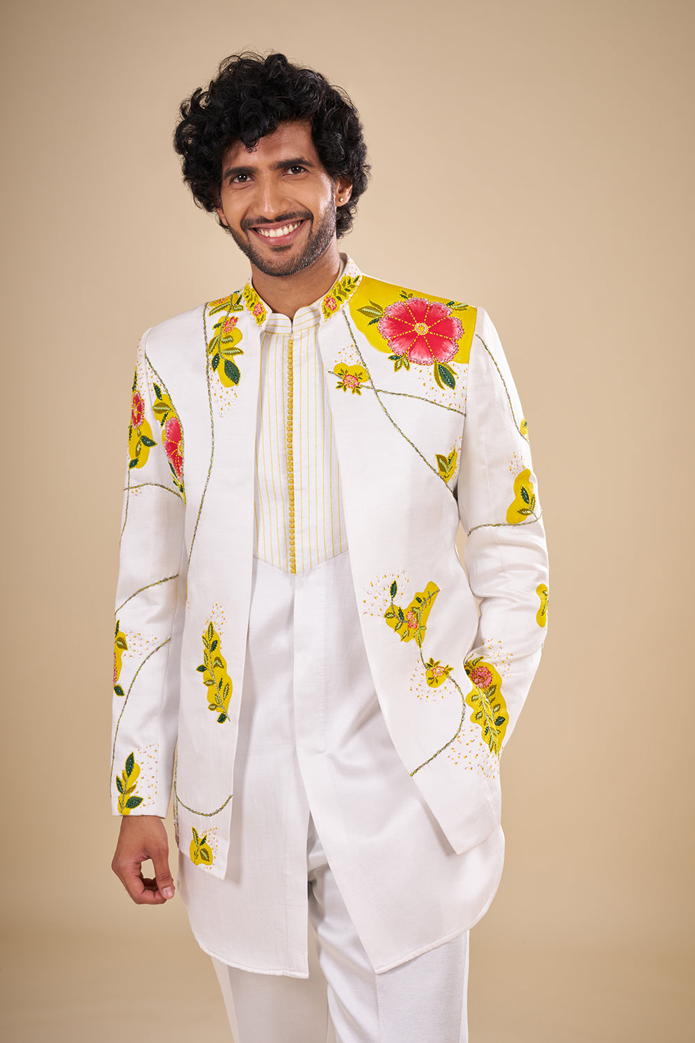 White Linen Kurta Set with Floral Print