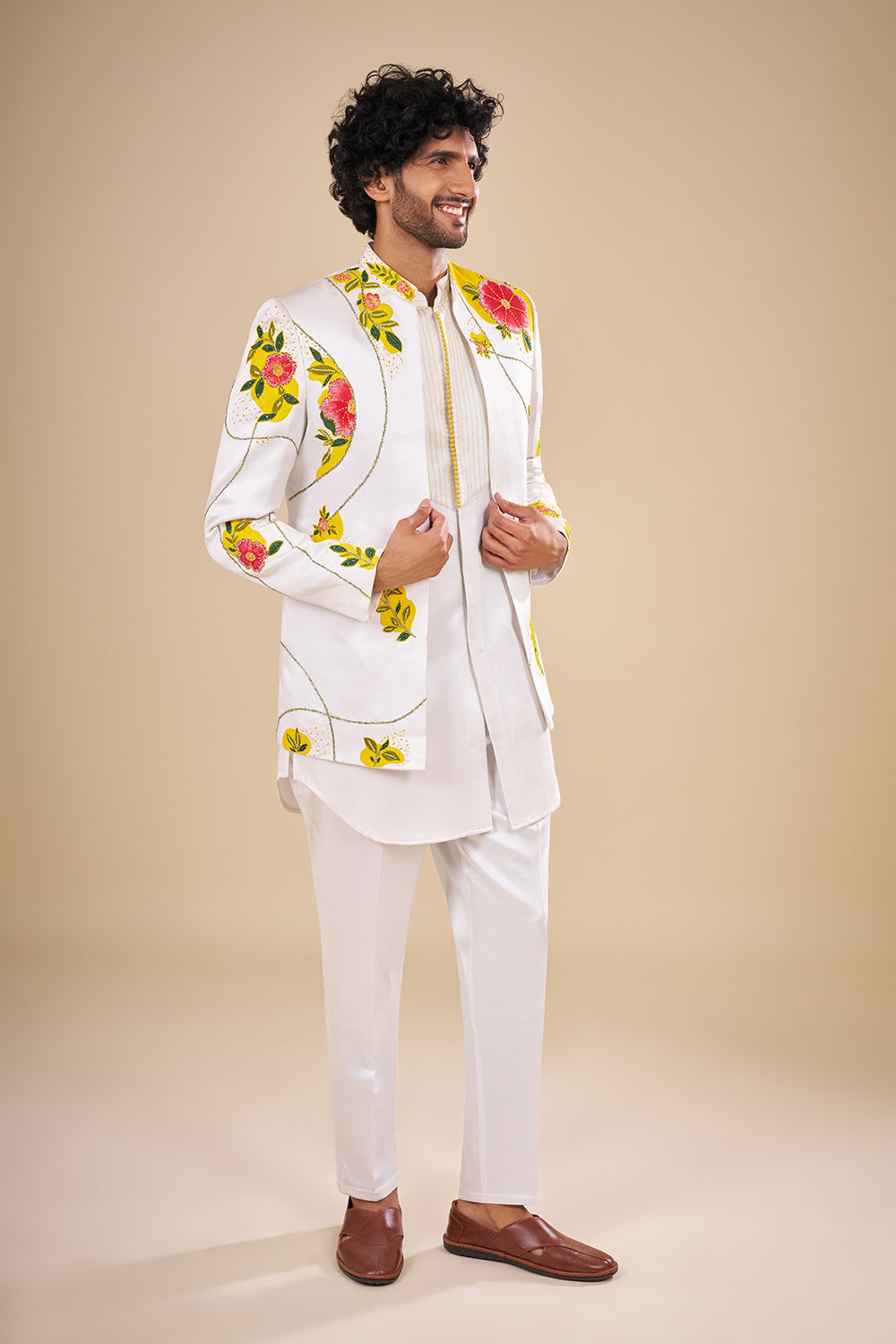 White Linen Kurta Set with Floral Print