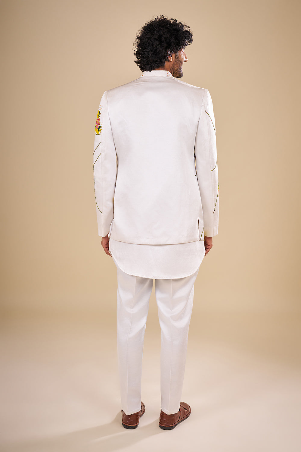 White Linen Kurta Set with Floral Print