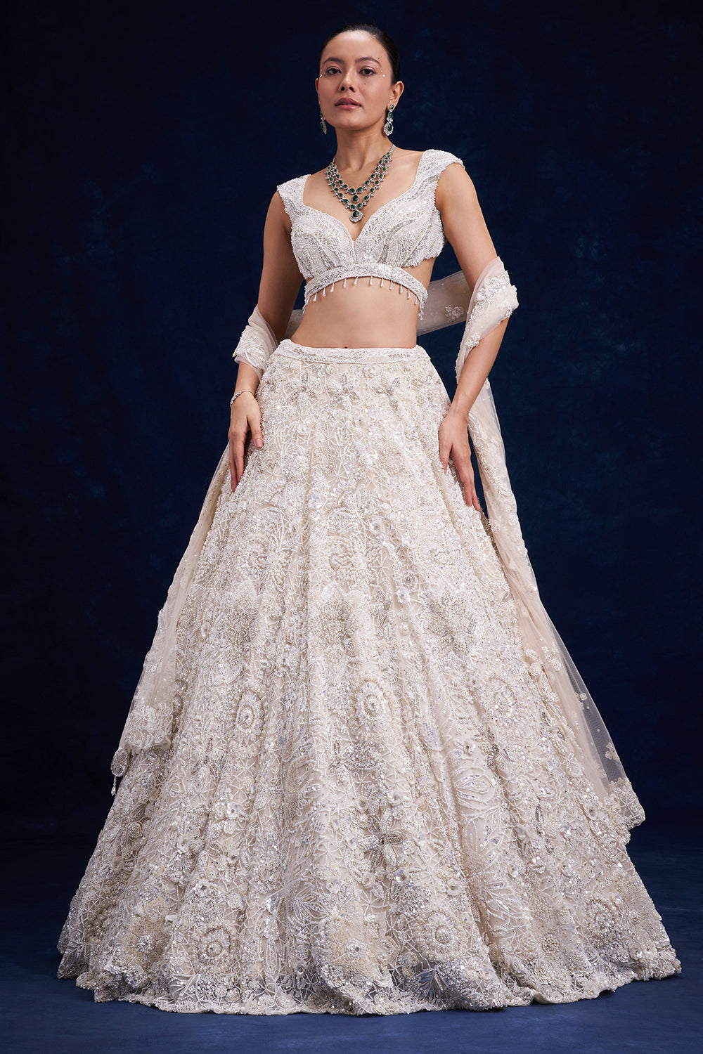 White Net Bridal Lehenga with Pearl and Sequin Work