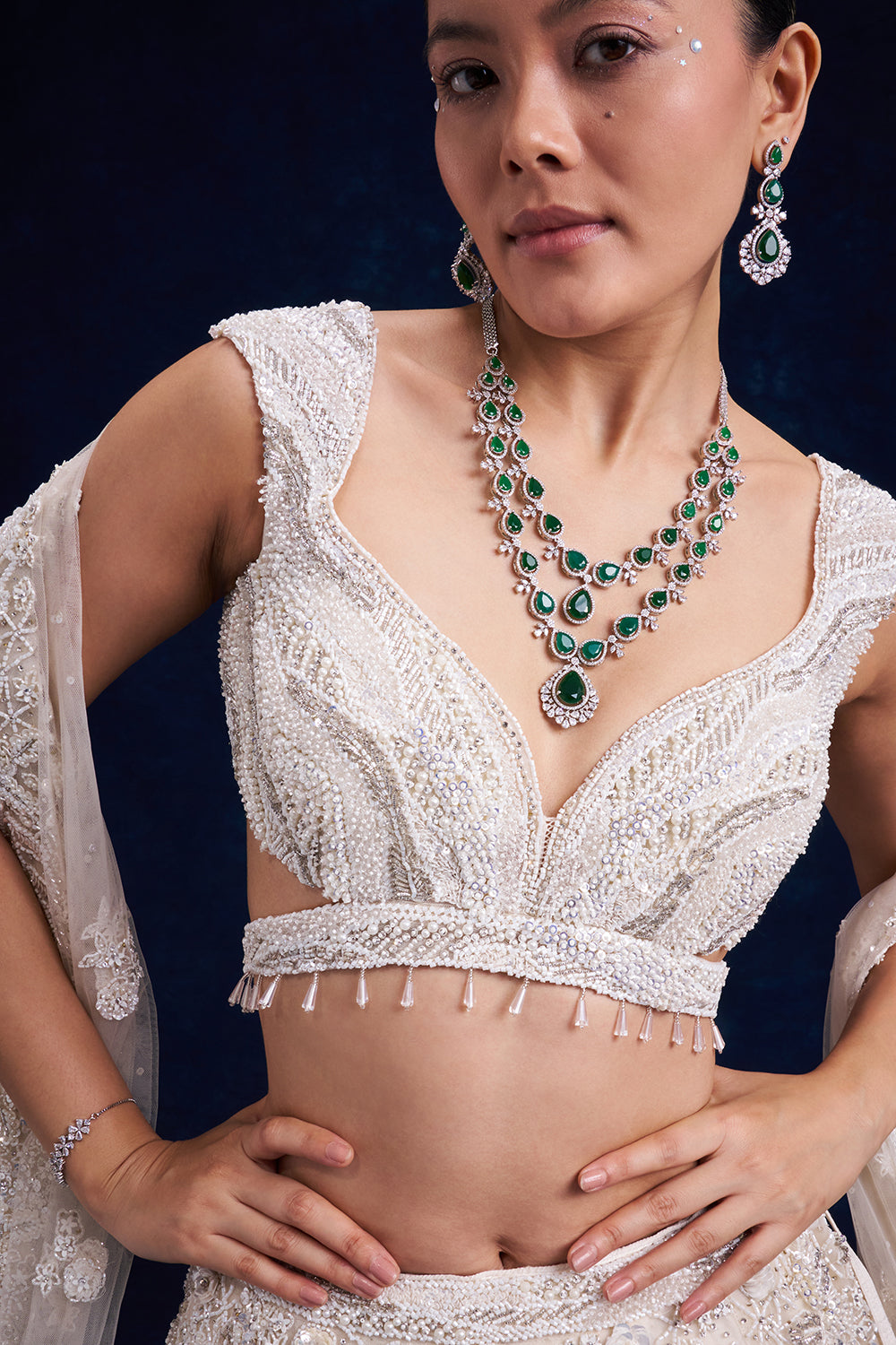 White Net Bridal Lehenga with Pearl and Sequin Work
