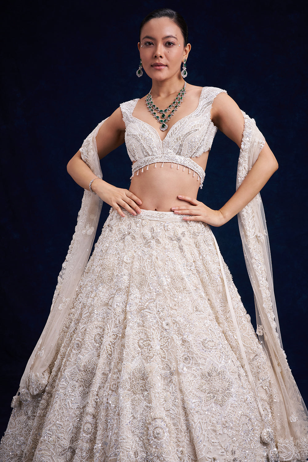 White Net Bridal Lehenga with Pearl and Sequin Work
