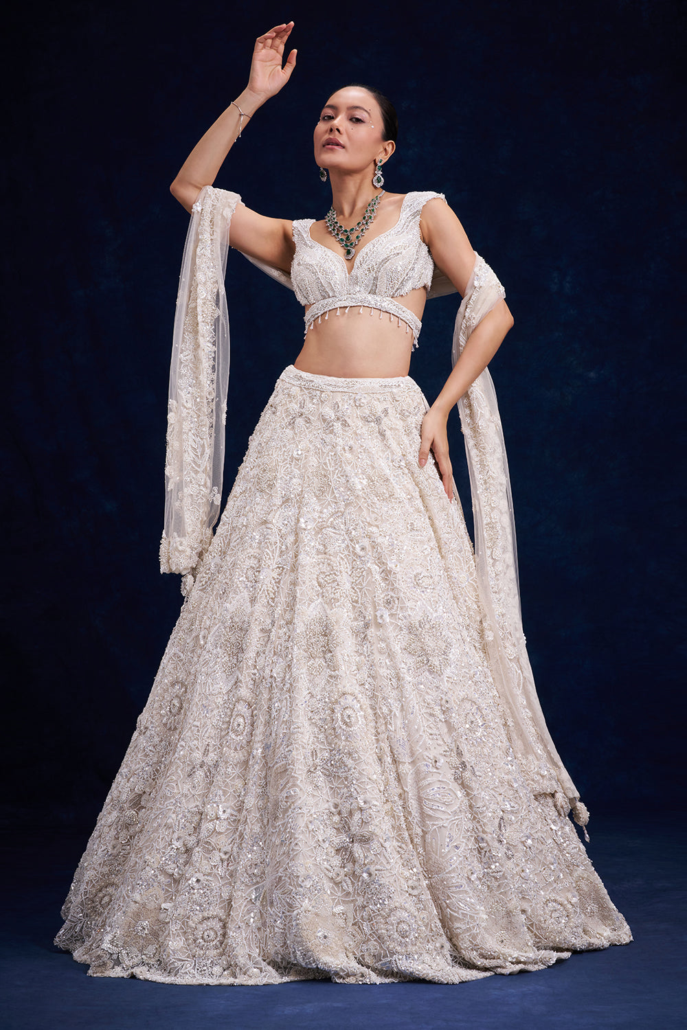 White Net Bridal Lehenga with Pearl and Sequin Work