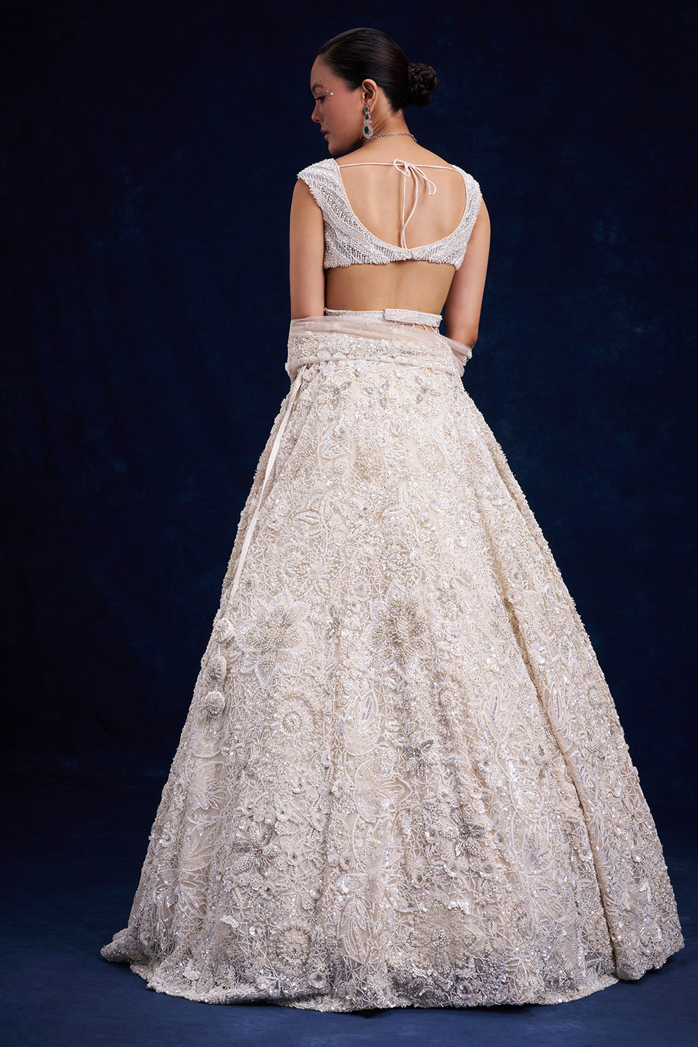 White Net Bridal Lehenga with Pearl and Sequin Work
