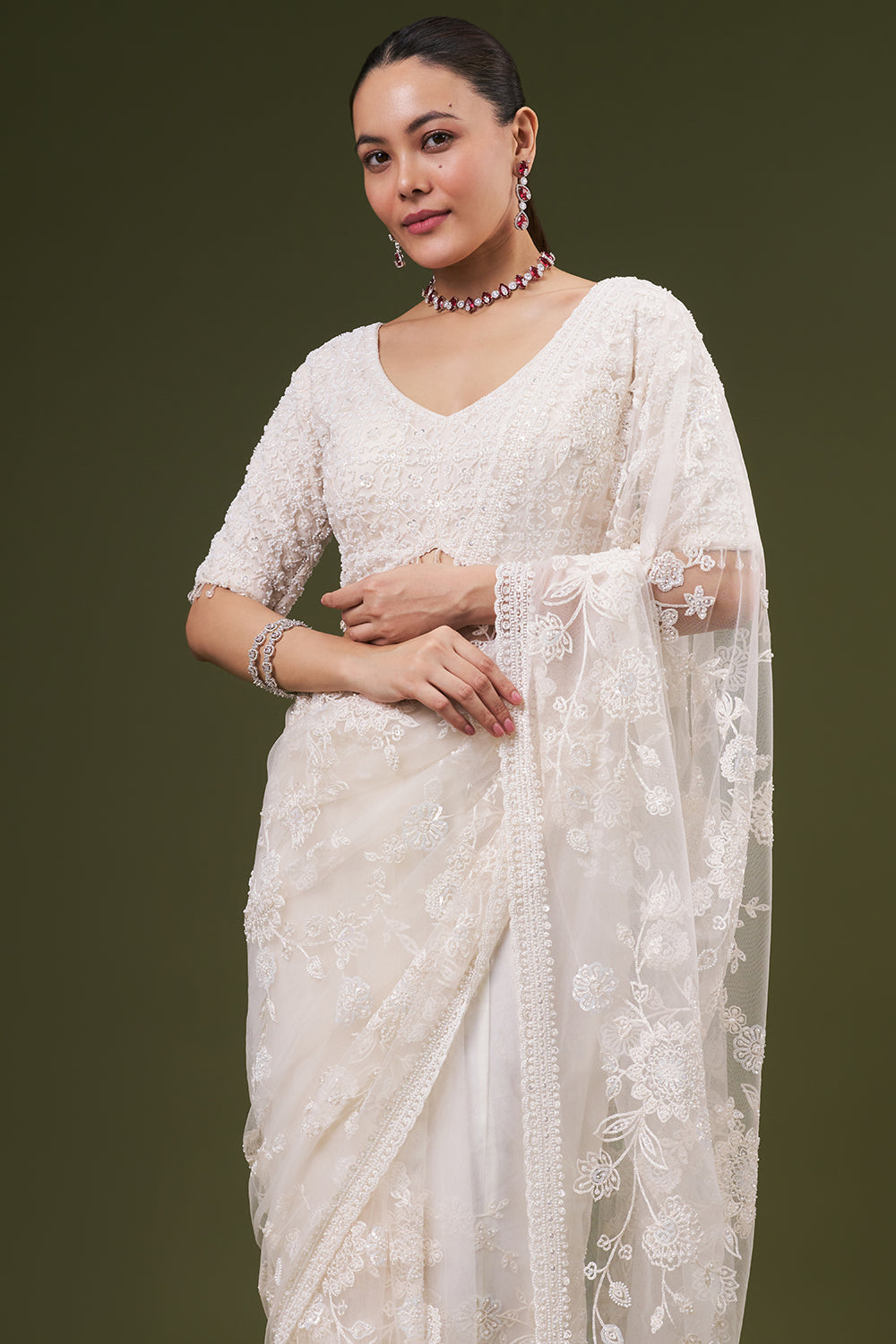 White Net Embroidered Saree with Thread and Sequin Work
