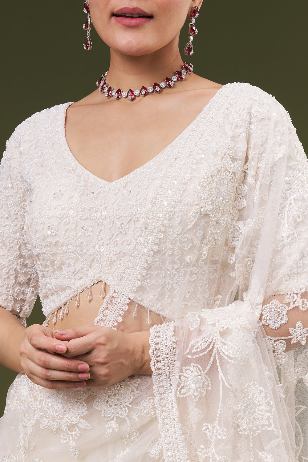 White Net Embroidered Saree with Thread and Sequin Work