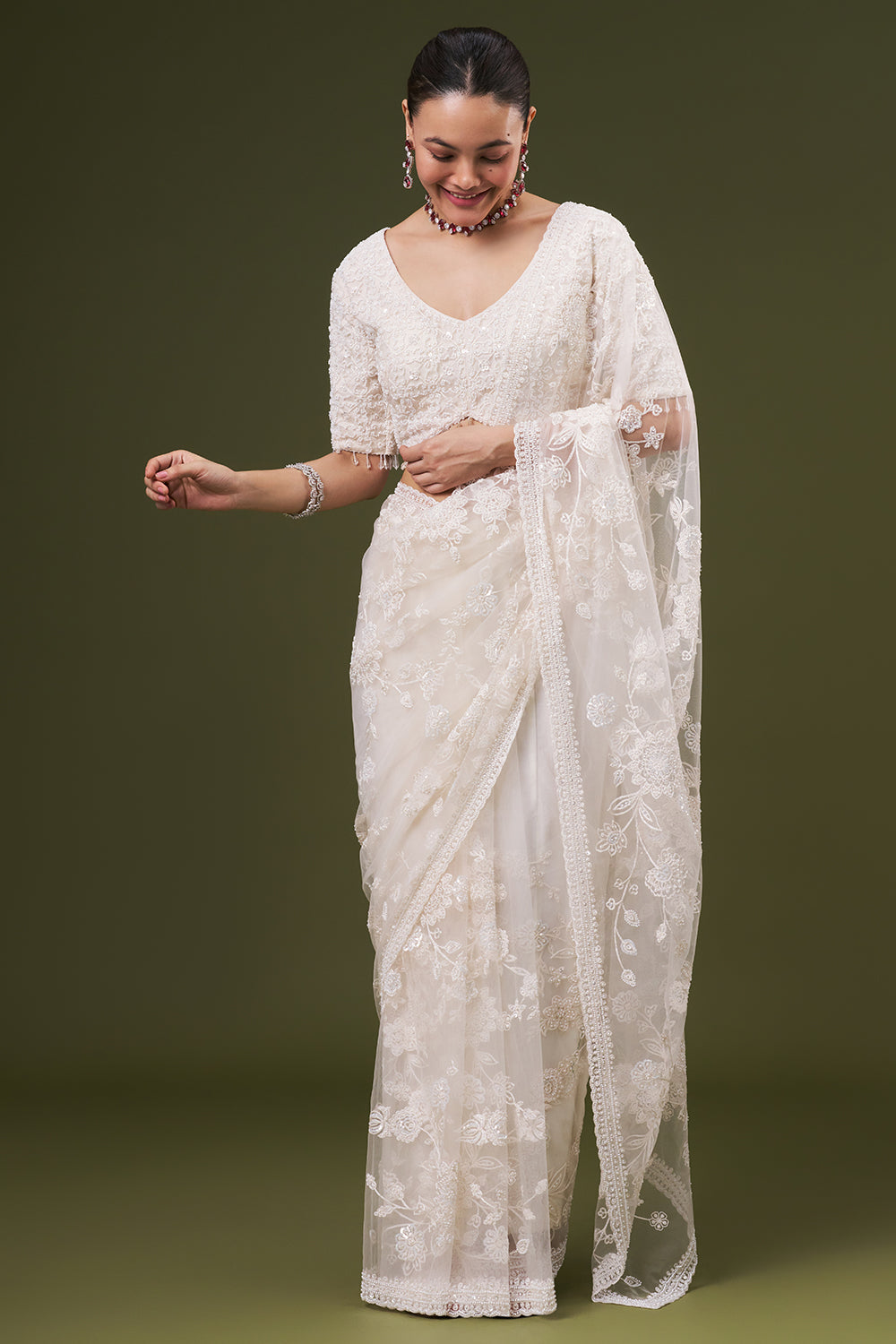 White Net Embroidered Saree with Thread and Sequin Work
